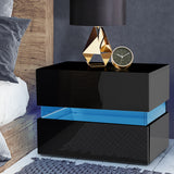 Bedside Table 2 Drawers With Lights Side Nightstand High Gloss Cabinet Black