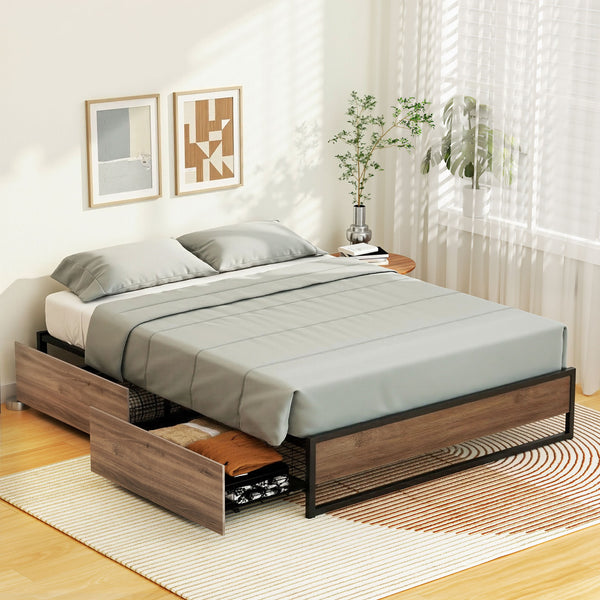 Artiss Bed Frame Metal Frame Queen Size Bed Base 2 Drawers