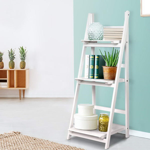 Bookcase Display Storage Stand Rack Foldable Ladder Style Shelf 3 Level Book Shelves White