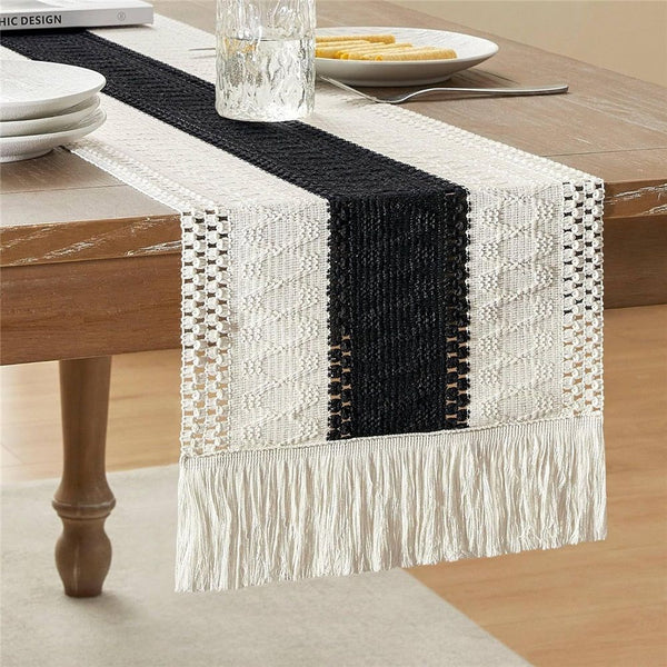 Style Bicolor Stitching Table Runner, 12 x 108 Inch Black/Ivory, Black Table Runners 108 Inches Long, Farmhouse Woven Home Decor