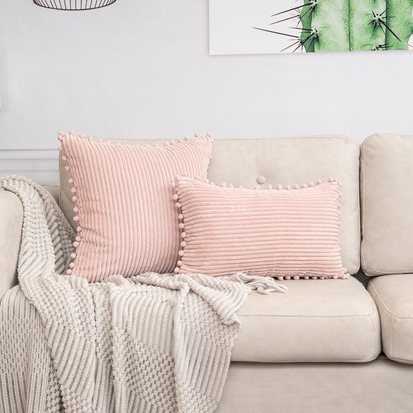 Pink Soft Corduroy Cushion Cover Set (1 Square + 1 Rectangular) with Pom Pom Trim - Decorative Throw Pillow Cases for Sofa Couch