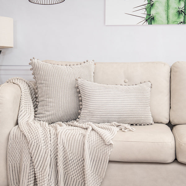 Light Grey Soft Corduroy Cushion Cover Set (1 Square + 1 Rectangular) with Pom Pom Trim - Decorative Throw Pillow Cases for Sofa Couch