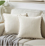 Light Green Soft Corduroy Cushion Covers with Pom Pom Trim - Set of 2 Decorative Throw Pillow Cases for Sofa Couch Bed, 45x45cm