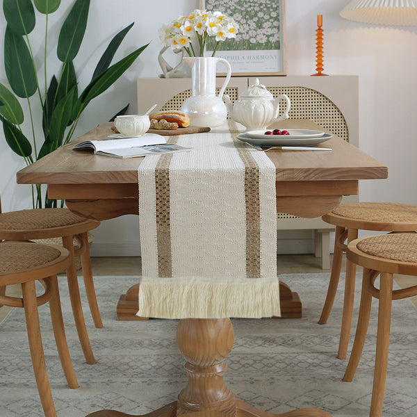 2-PCS Double bars Bohemian Woven Table Runner with Tassels - Rustic Farmhouse Decor for Dining & Coffee Tables