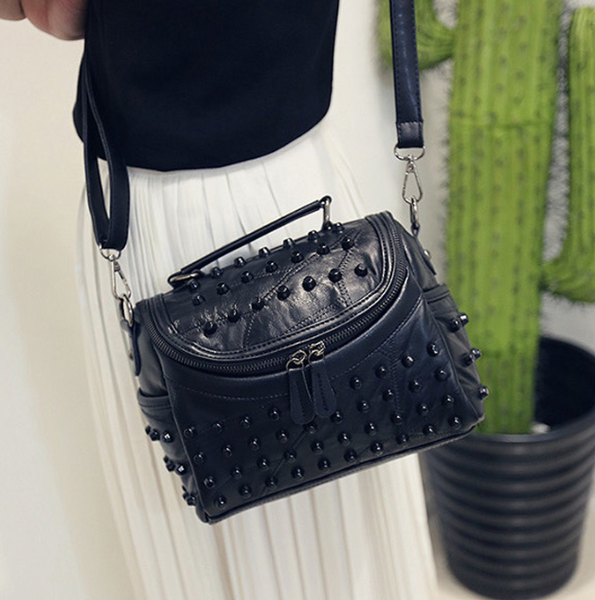 Women's Black Studded Handbag Shoulder Bag with Rivets