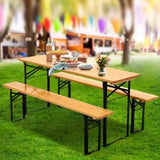 Wooden Outdoor Foldable Bench Set - Natural color wooden benches and table