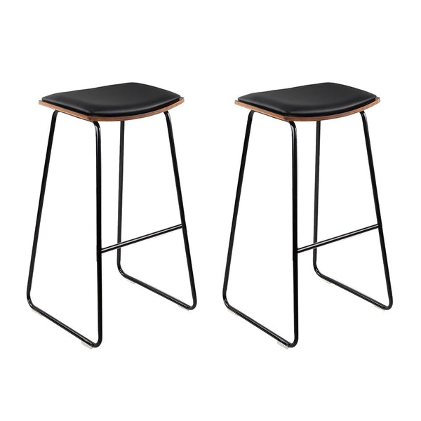 Stool Set of 2 Backless PU Leather Bar Stools - Black and Wood