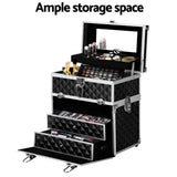 Makeup Portable Cosmetic Beauty Makeup Carry Case with Mirror - Diamond Black