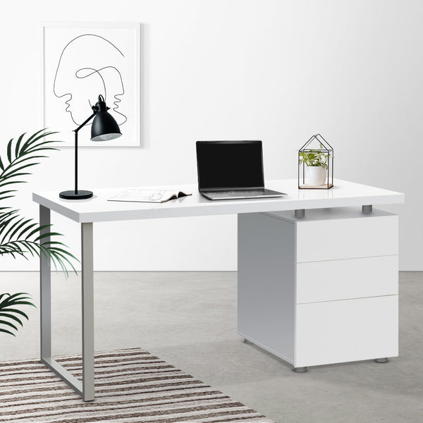 Desk Office desk 140 x 60 x 72cm student desk Metal Desk with 3 Drawers - White
