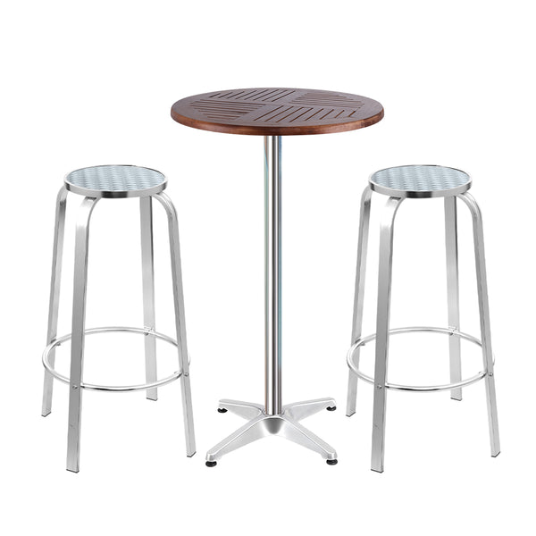 Set Table and Stools Adjustable Aluminium Cafe Outdoor Bistro style indoors set 3PC Wood