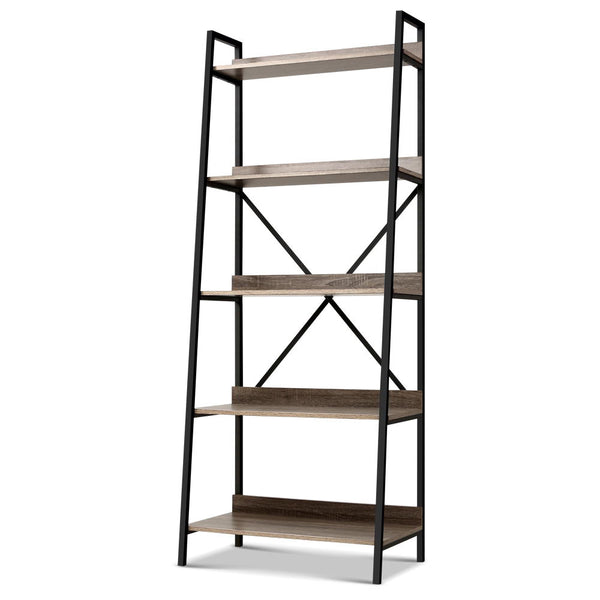 Bookcase Display Storage Stand Rack 5 Level  Metal Frame Oak Look