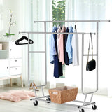 Metal Hanger Garments Double Rail Stand Portable Rolling Adjustable