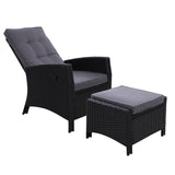 Chair with Stool as set ,Sun lounge  Wicker Lounger Sofa  Patio Garden Cushion Ottoman Black