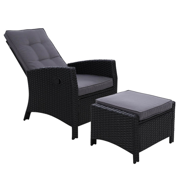 Chair with Stool as set ,Sun lounge  Wicker Lounger Sofa  Patio Garden Cushion Ottoman Black