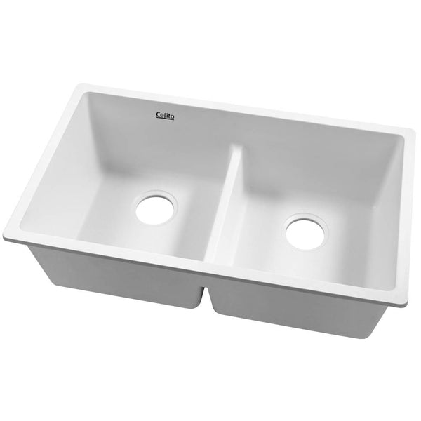 Sink 79 X 46 cm Stone Kitchen Sink Granite Under/Topmount Basin Double Bowl White {w}