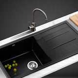 Sink 86 X 50 cm Granite  Stone Kitchen Sink  Under/Topmount Basin Bowl Laundry Black {w}
