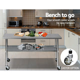 Trolley Metal Kitchen Benches 182cm x 61cm With WHEELS Steel Work Bench Food Prep Table ( WARN)