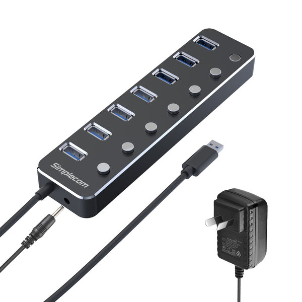 Port to 7 USB Durable Aluminium 7 Port USB 3.0 Hub with Individual Switches and Power Adapter
