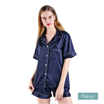 2pc satin short women pajamas set medium navy