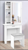 Beauty Table Mirror And  Stool Mirror And Shelves Jewellery  Storage Makeup White