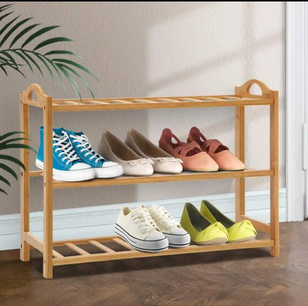 Shoe Rack Stackable 3 level Organiser Wooden Stand Shelf 3 Shelves 68cm x 26cm x 47cm