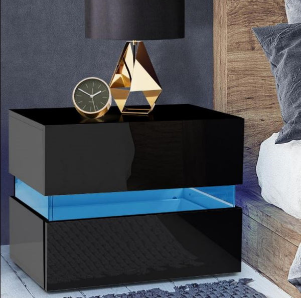 Bedside Table 2 Drawers With Lights Side Nightstand High Gloss Cabinet Black