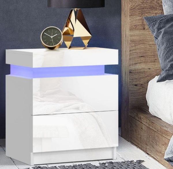 Bedside Tables Side Table Drawers RGB LED High Gloss Nightstand White