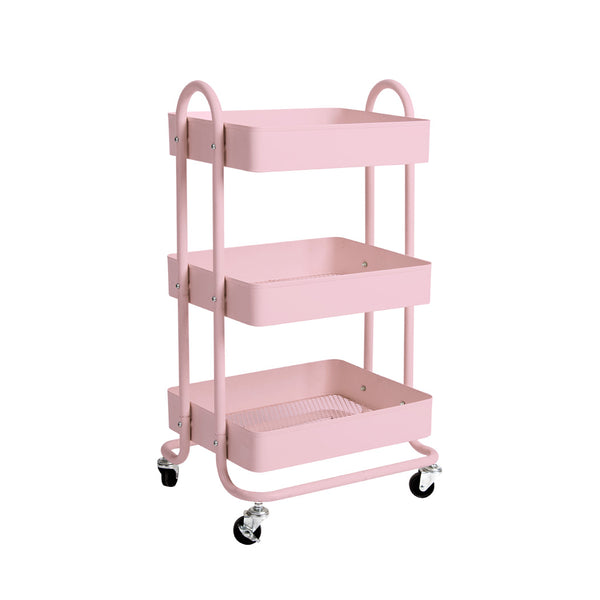 Trolley Cart Steel Storage 3 Level Kitchen Rack Shelf Organiser Wheels Pink