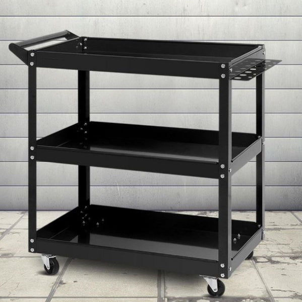 Metal Trolley Tool Cart with 3 Level and Steel Trolley Mechanic Storage Organizer Black