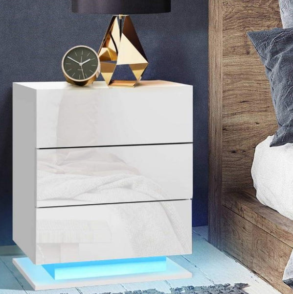 Bedside Tables Side Table RGB LED Lamp 3 Drawers Nightstand Gloss White
