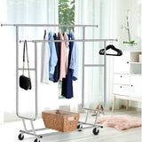 Metal Hanger Garments Double Rail Stand Portable Rolling Adjustable