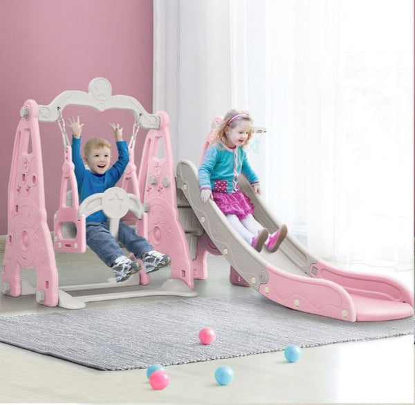 Kids Slide and swing Set indoors/Outdoor. plus Ball. Pump and Basketball Hoop-Pink